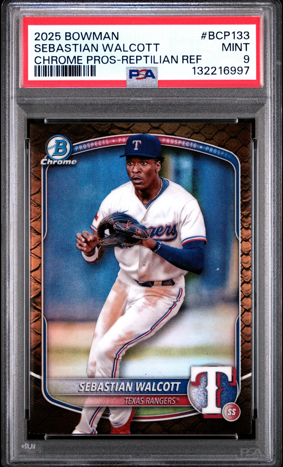 2025 Bowman Chrome Prospects Sebastian Walcott #Bcp133 (Chrome Pros-Reptilian Ref) Mint 9 front