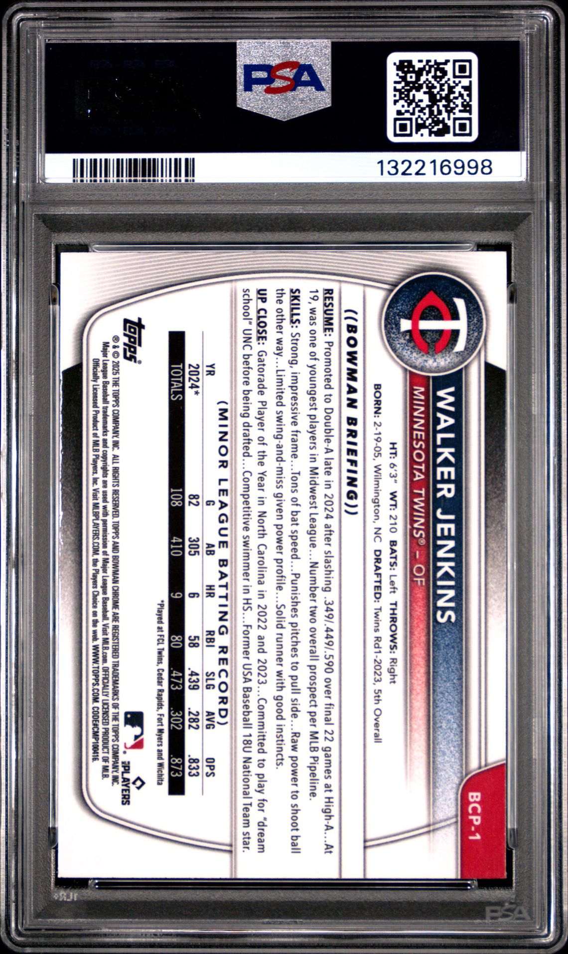 2025 Bowman Chrome Prospects Walker Jenkins #Bcp1 (Chrome Pros-Speckle Ref) Gem Mt 10 back