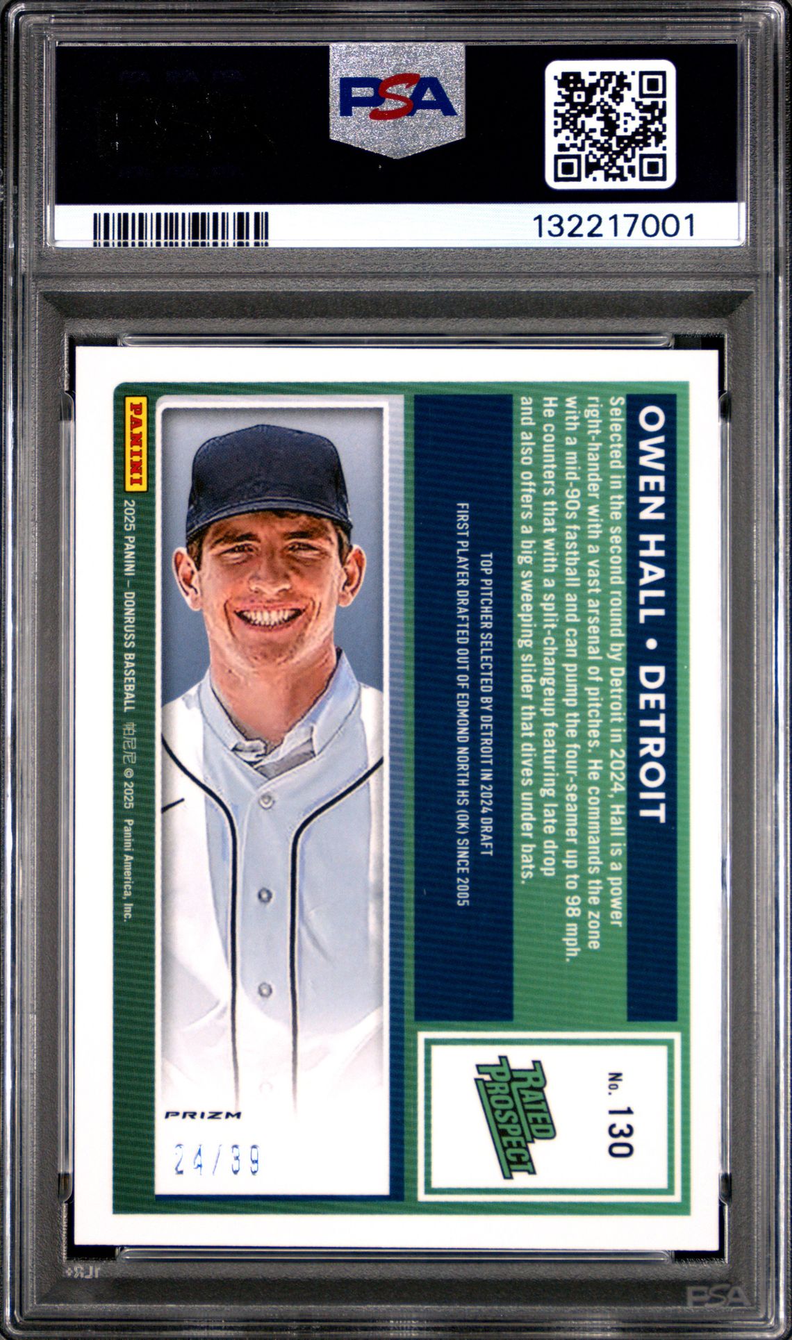 2025 Panini Donruss Owen Hall #130 (Optic-Black Velocity) Gem Mt 10 back