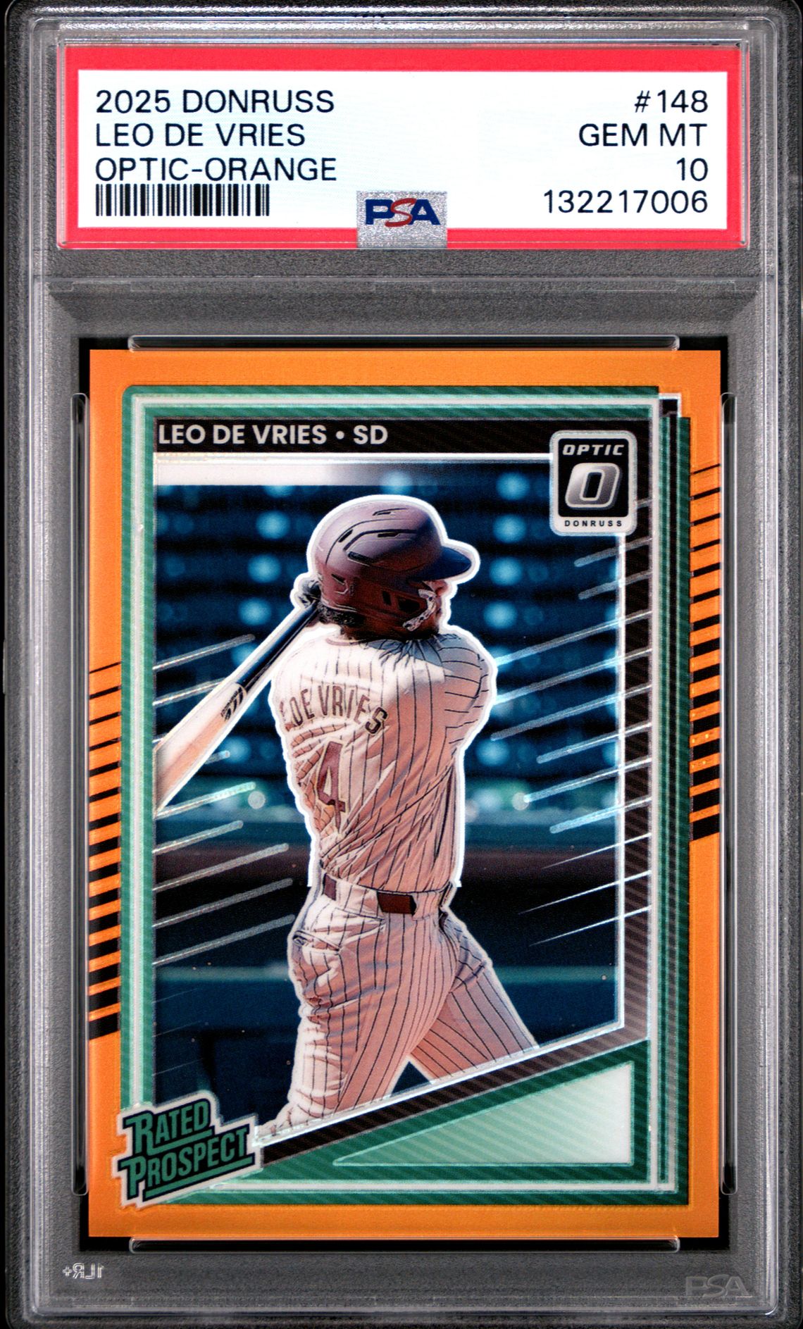 2025 Panini Donruss Leo De Vries #148 (Optic-Orange) Gem Mt 10 front