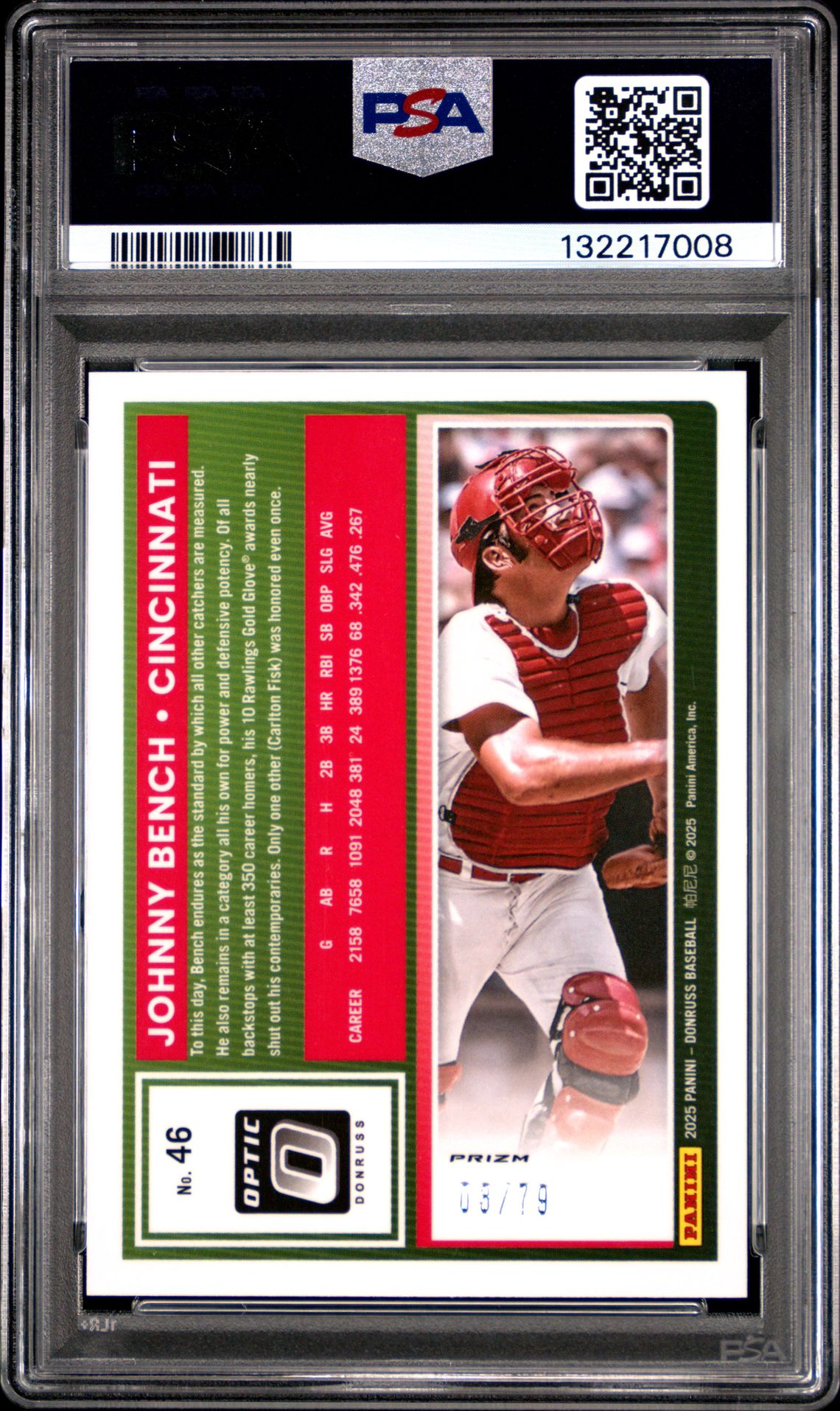 2025 Panini Donruss Johnny Bench #46 (Optic-Pink Velocity) Gem Mt 10 back