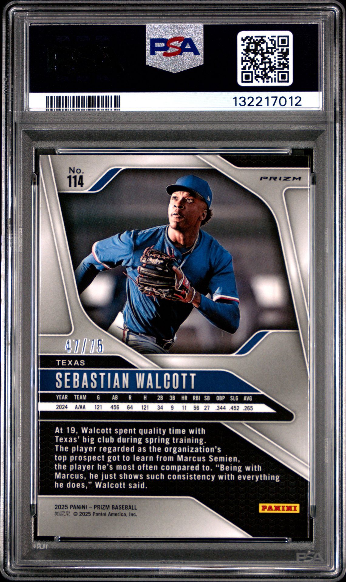 2025 Panini Prizm Sebastian Walcott #114 (Green Scope) Gem Mt 10 back