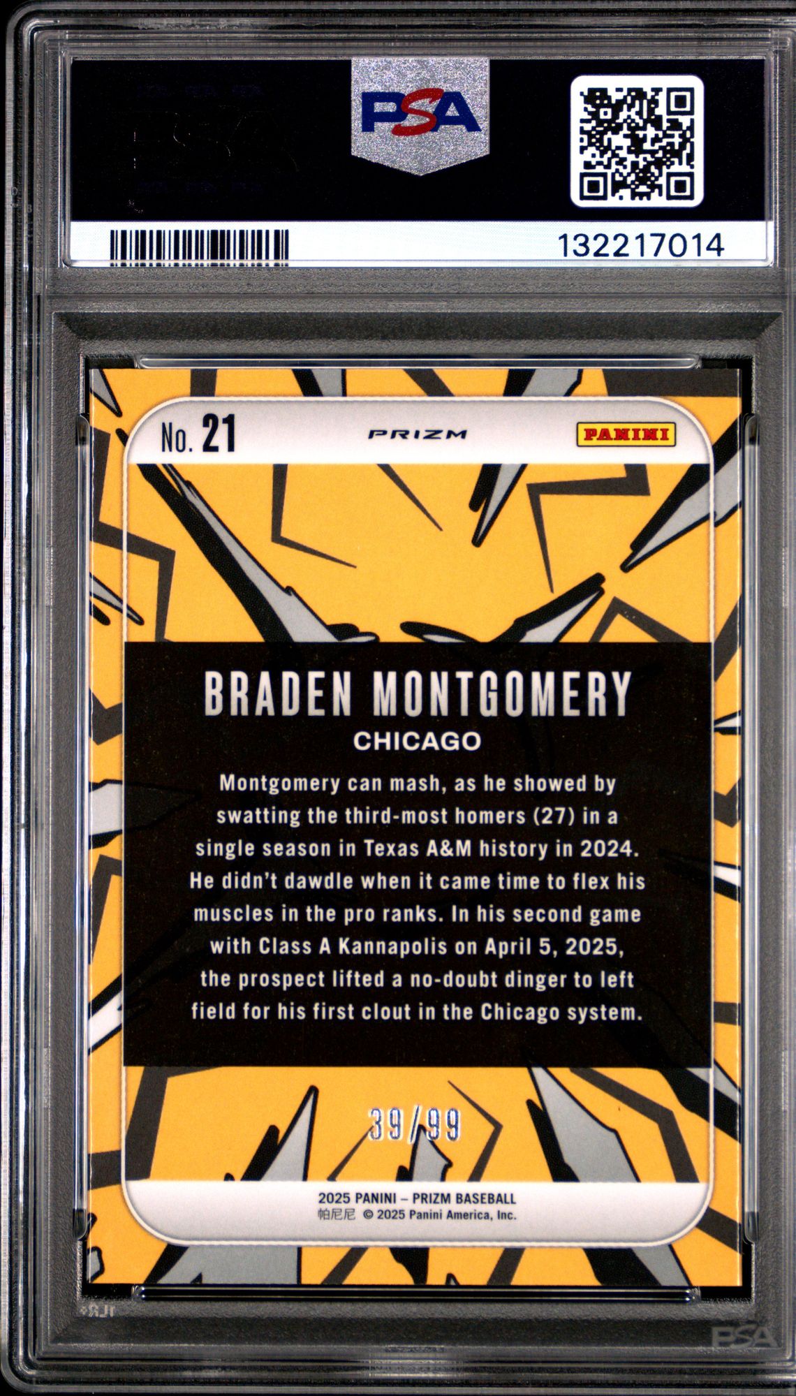 2025 Panini Prizm Dingers! Braden Montgomery #21 (Dingers!-Blue Prizm) Gem Mt 10 back