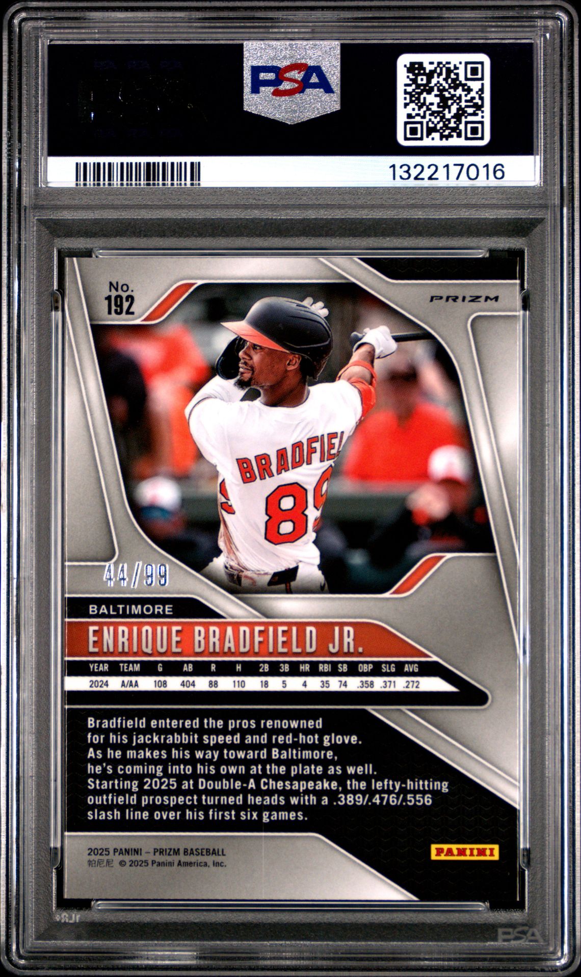 2025 Panini Prizm Enrique Bradfield Jr. #192 (Red Power) Gem Mt 10 back