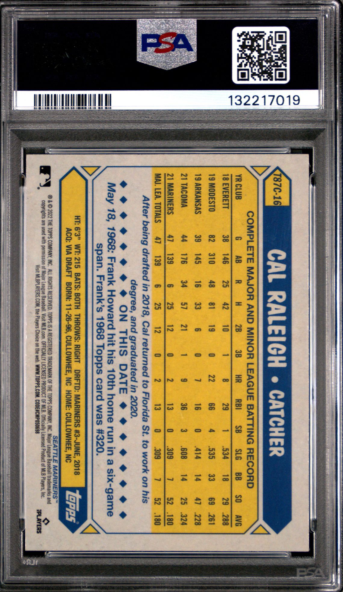 2022 Topps Silver Pack 1987 Chrome Promo Cal Raleigh #T87C16 Mint 9 back