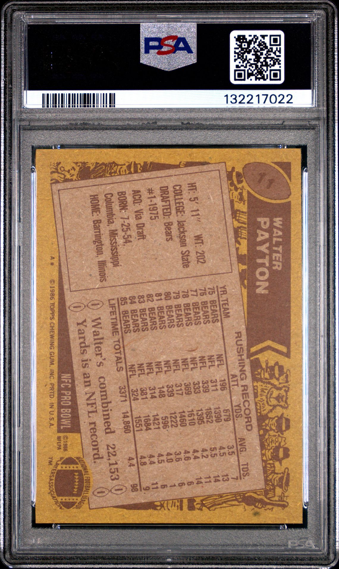 1986 Topps Walter Payton #11 Nm 7 back