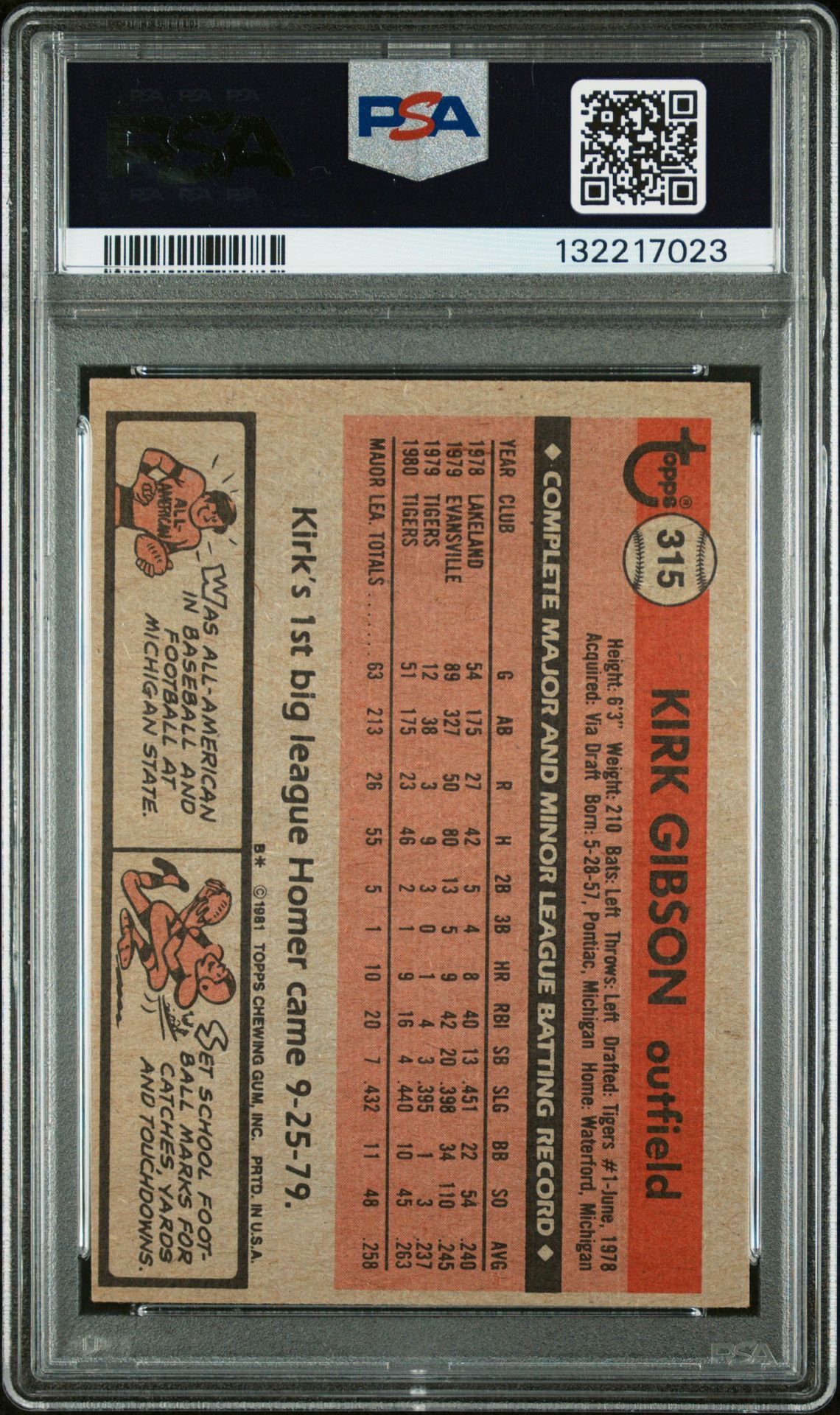 1981 Topps Kirk Gibson #315 Ex 5 back