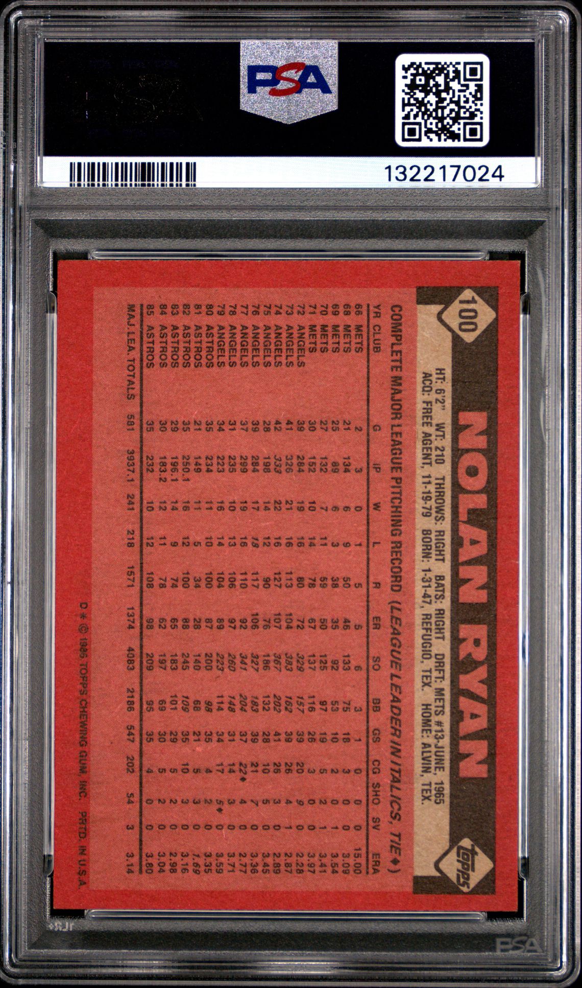 1986 Topps Nolan Ryan #100 Ex 5 back