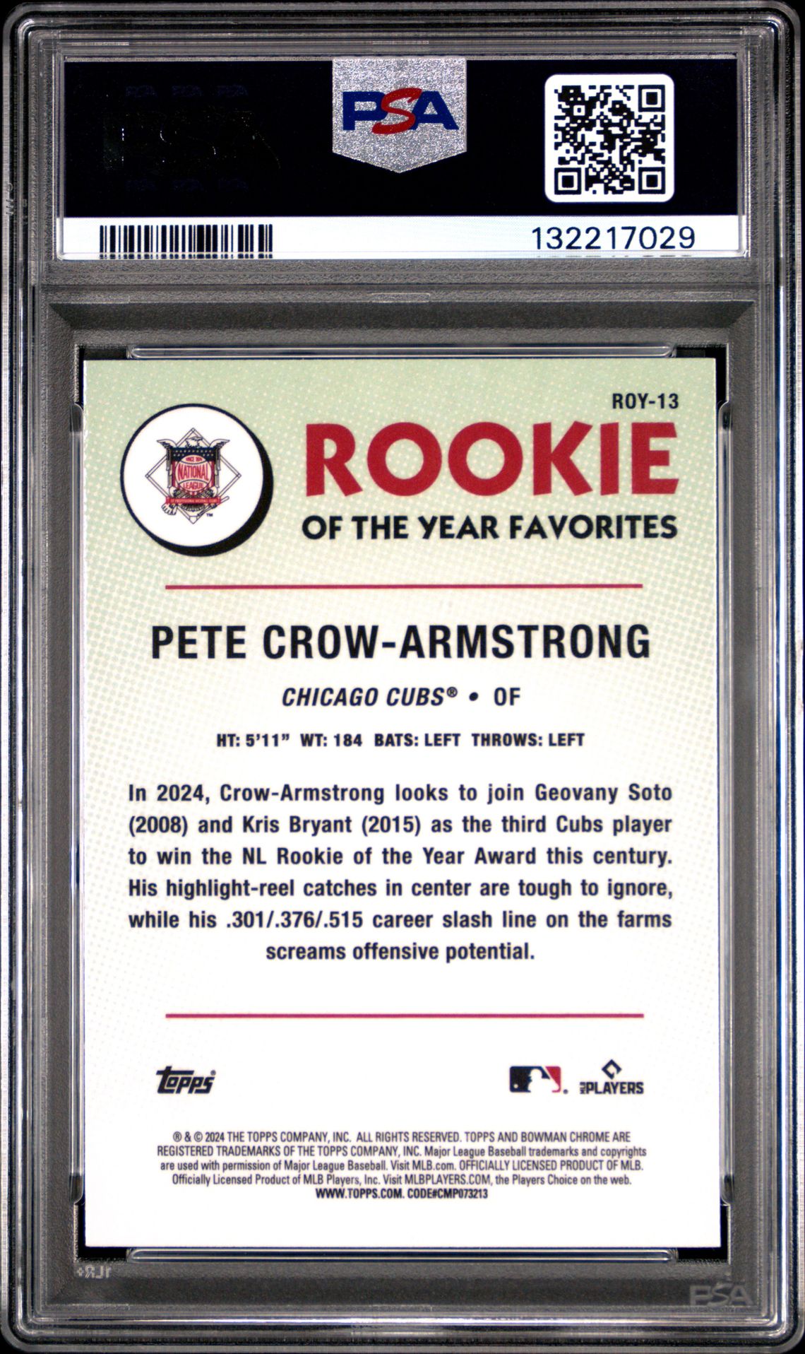 2024 Bowman Rookie Of The Year Favorites Pete Crow-Armstrong #Roy13 (Rookie Of The Year Favorite) Gem Mt 10 back