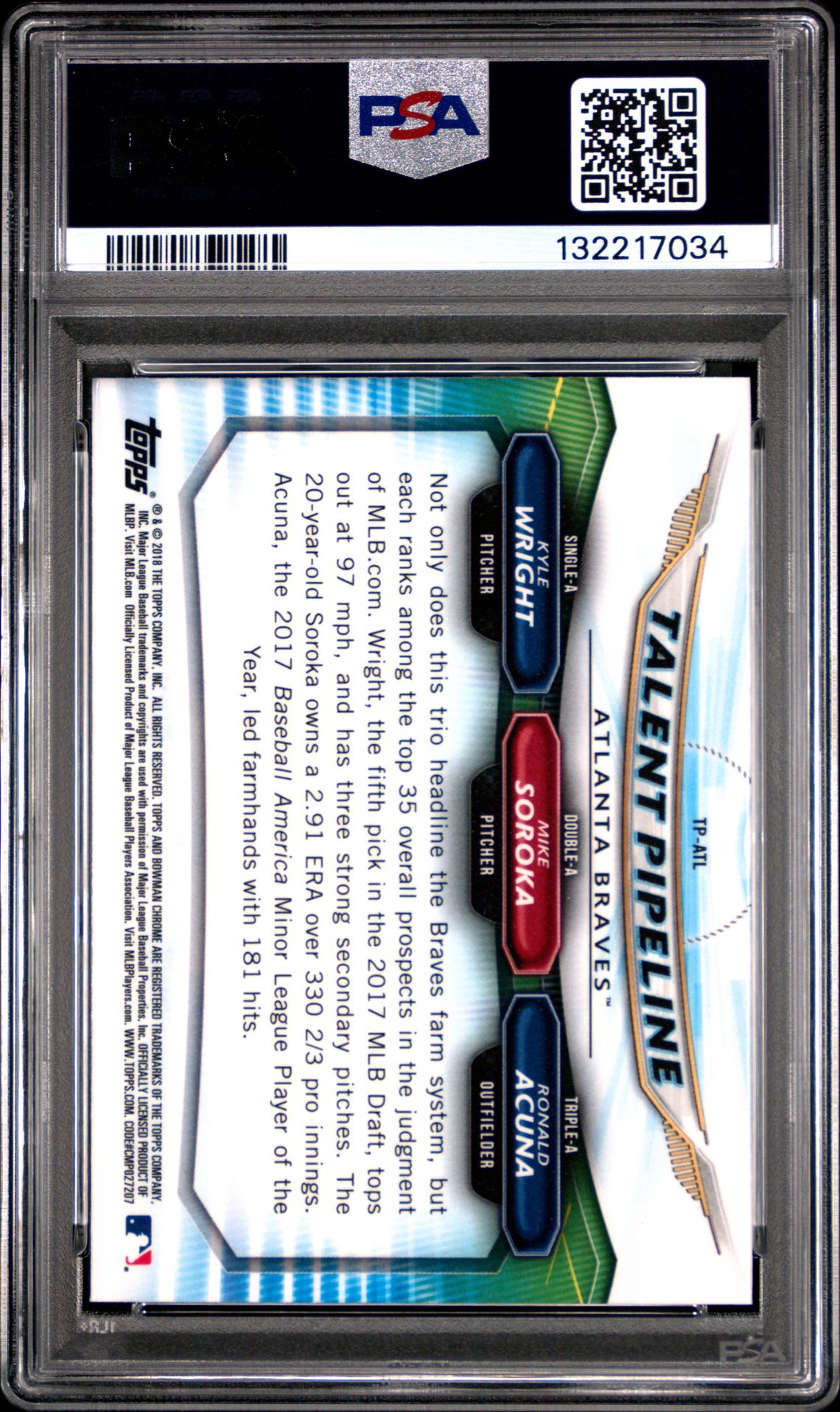 2018 Bowman Talent Pipeline Chrome Wright/Soroka/Acuna #Atl (Talent Pipeline Chrome) Gem Mt 10 back