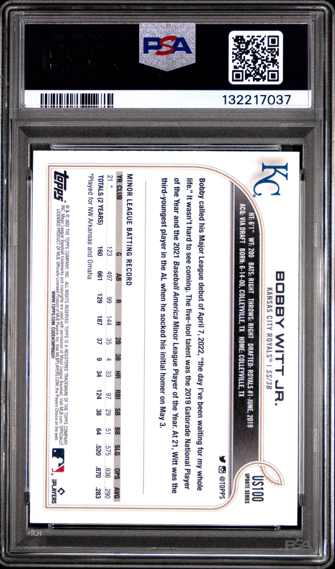 2022 Topps Update Bobby Witt Jr. #Us100 Gem Mt 10 back