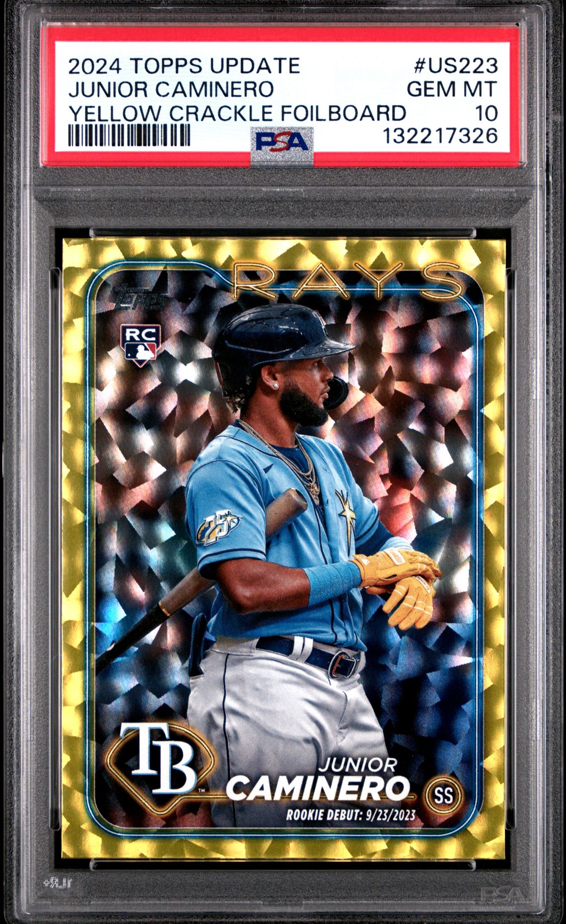 2024 Topps Update Junior Caminero #Us223 (Yellow Crackle Foilboard) Gem Mt 10 front