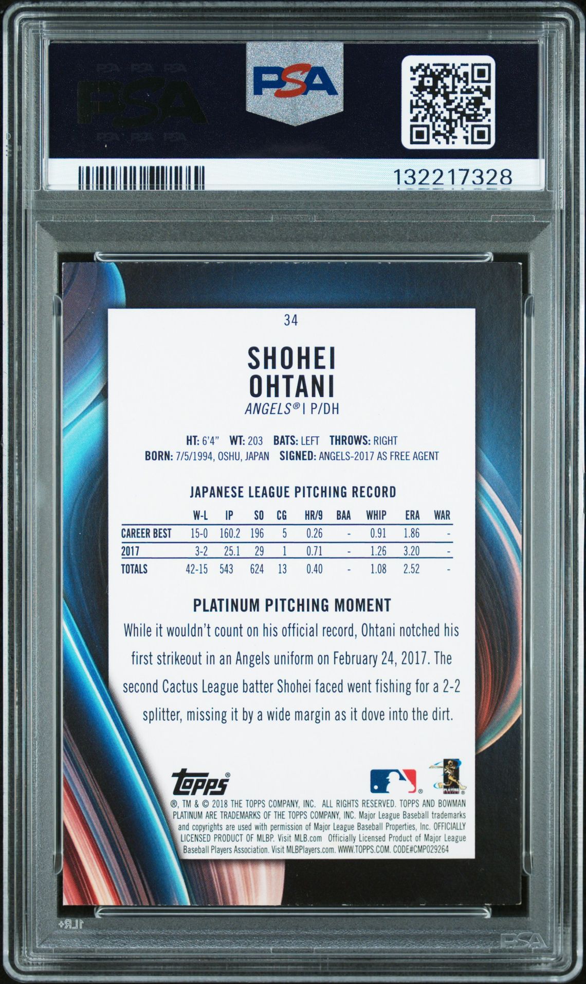 2018 Bowman Platinum Shohei Ohtani #34 (With Glove) Nm 7 back