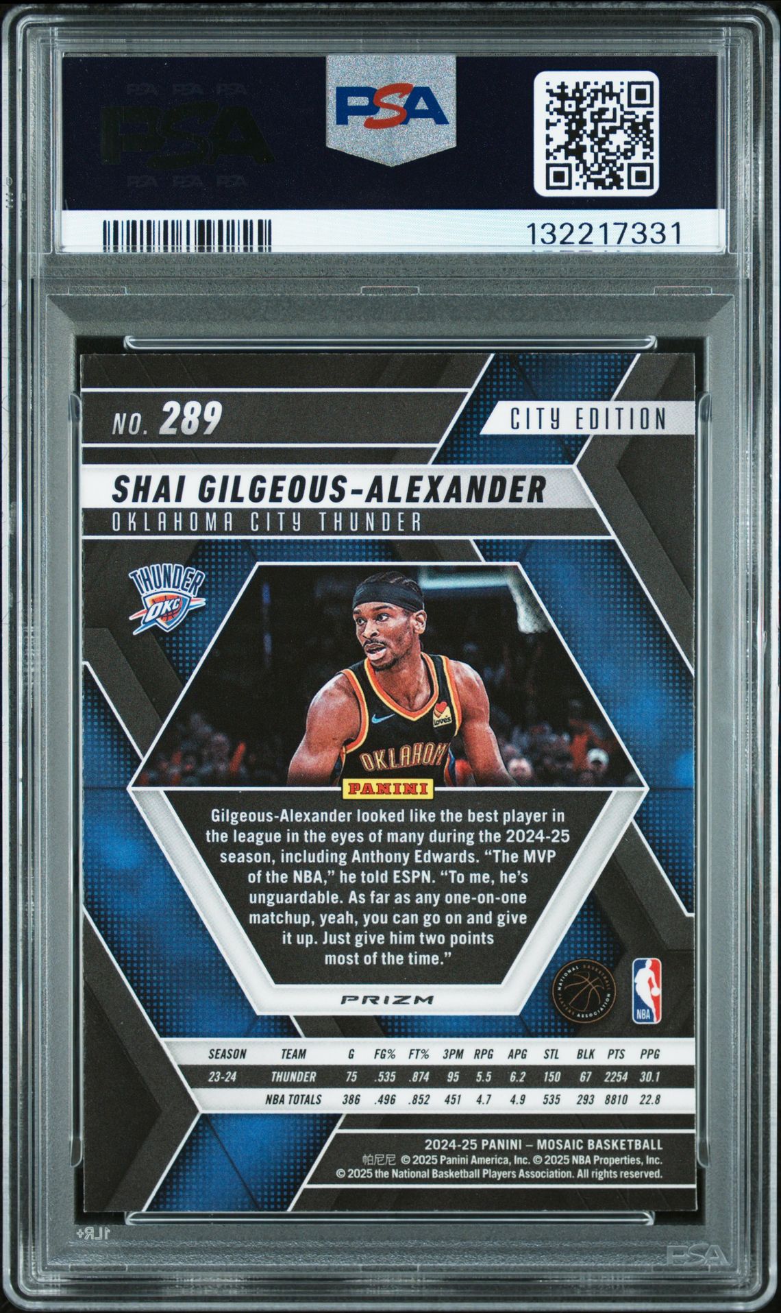 2024 Panini Mosaic S. Gilgeous-Alexander #289 (Honeycomb) Gem Mt 10 back
