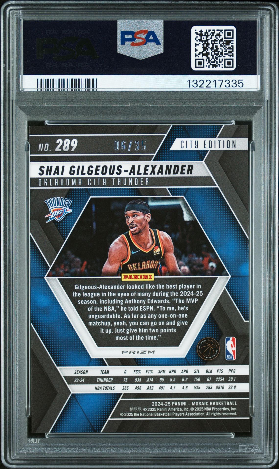 2024 Panini Mosaic S. Gilgeous-Alexander #289 (White Choice) Mint 9 back