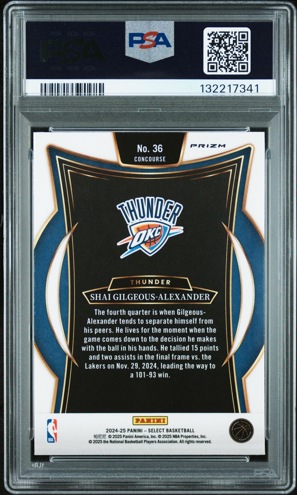 2024 Panini Select S. Gilgeous-Alexander #36 (Zebra Prizm) Gem Mt 10 back