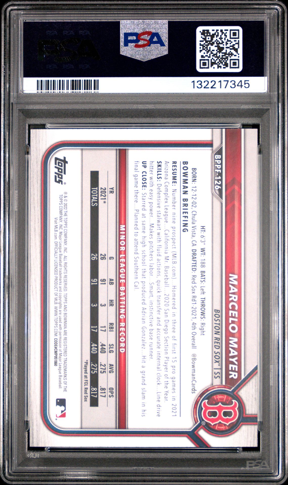 2022 Bowman 1St Edition Marcelo Mayer #Bppf126 (Blue Foil) Gem Mt 10 back