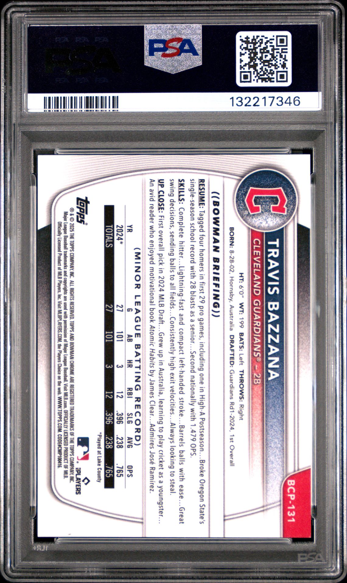 2025 Bowman Chrome Prospects Travis Bazzana #Bcp131 (Chrome Pros-Wave Ref) Mint 9 back