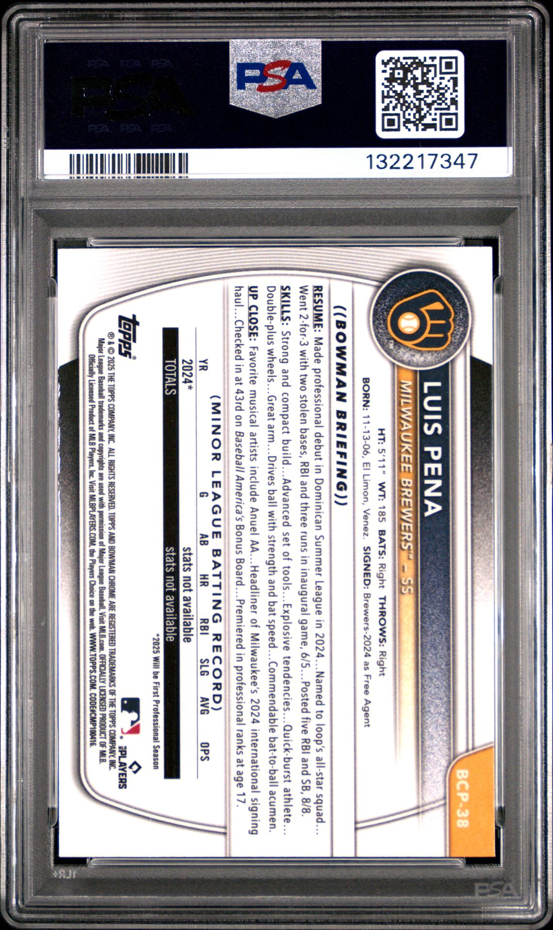 2025 Bowman Chrome Prospects Luis Pena #Bcp38 (Chrome Pros-Yellow Ref) Mint 9 back