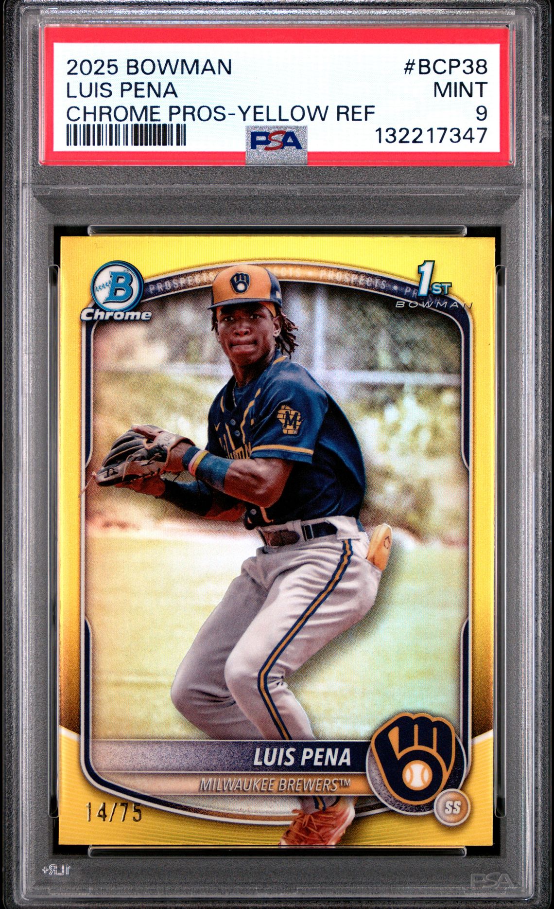 2025 Bowman Chrome Prospects Luis Pena #Bcp38 (Chrome Pros-Yellow Ref) Mint 9 front
