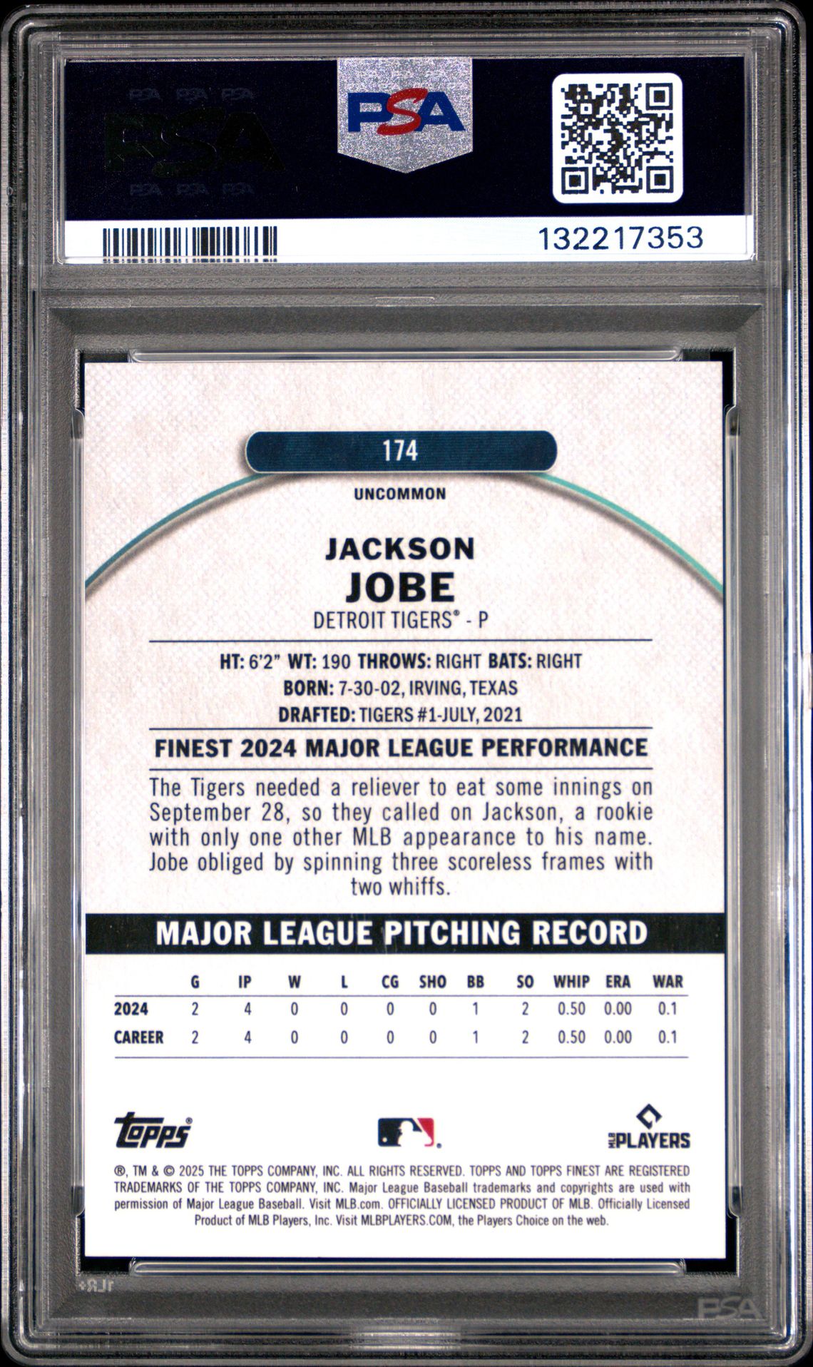 2025 Topps Finest Jackson Jobe #174 (Pearl Checkerboard) Gem Mt 10 back