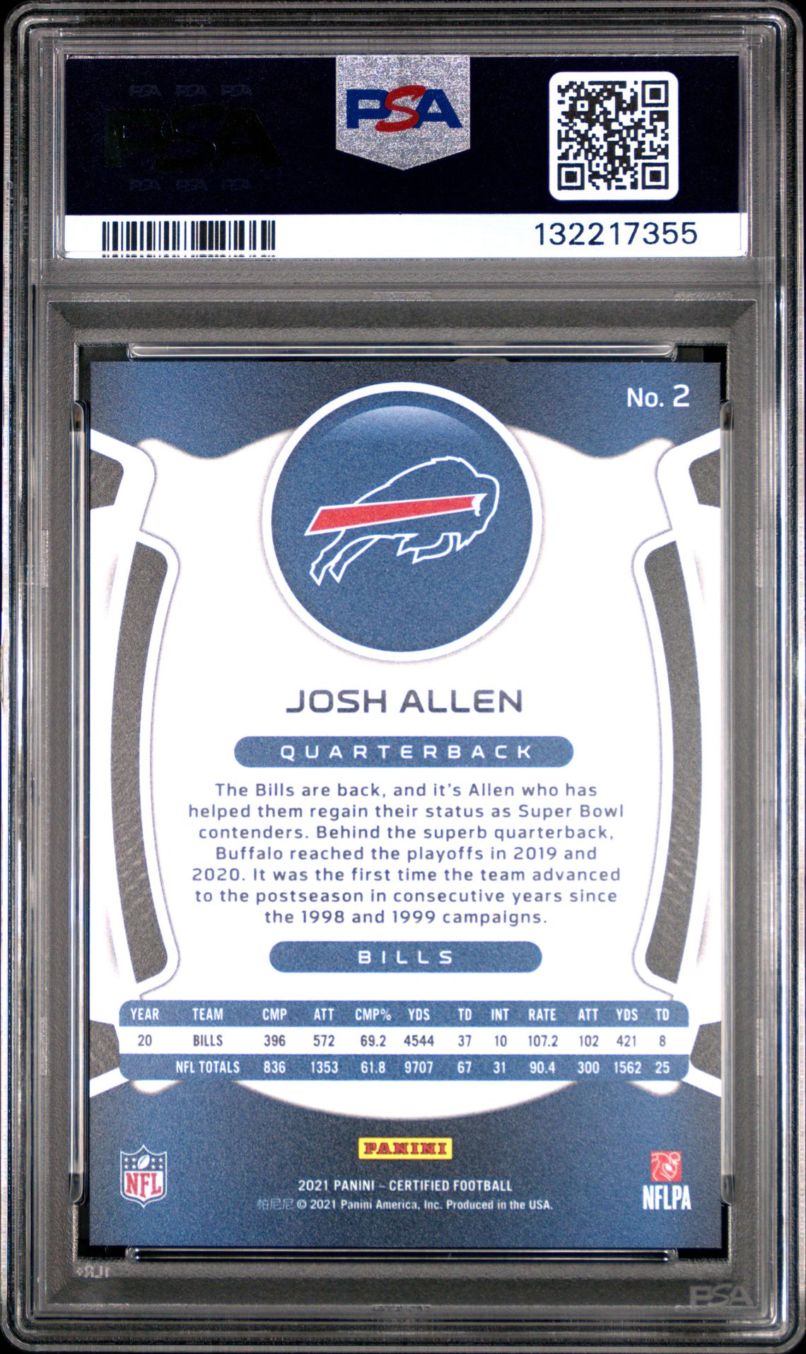 2021 Panini Certified Josh Allen #2 (Mirror Teal) Mint 9 back