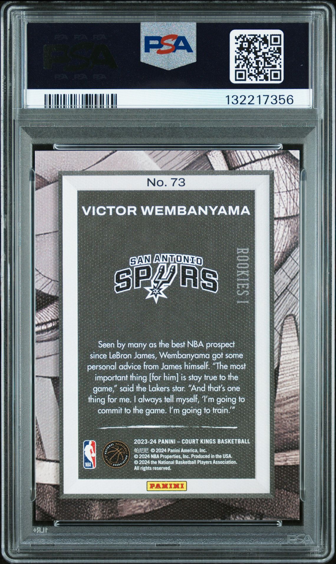 2023 Panini Court Kings Victor Wembanyama #73 Gem Mt 10 back