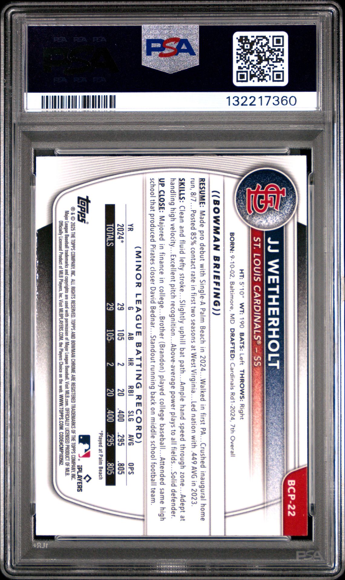 2025 Bowman Mega Box Chrome Prospects Jj Wetherholt #22 Gem Mt 10 back