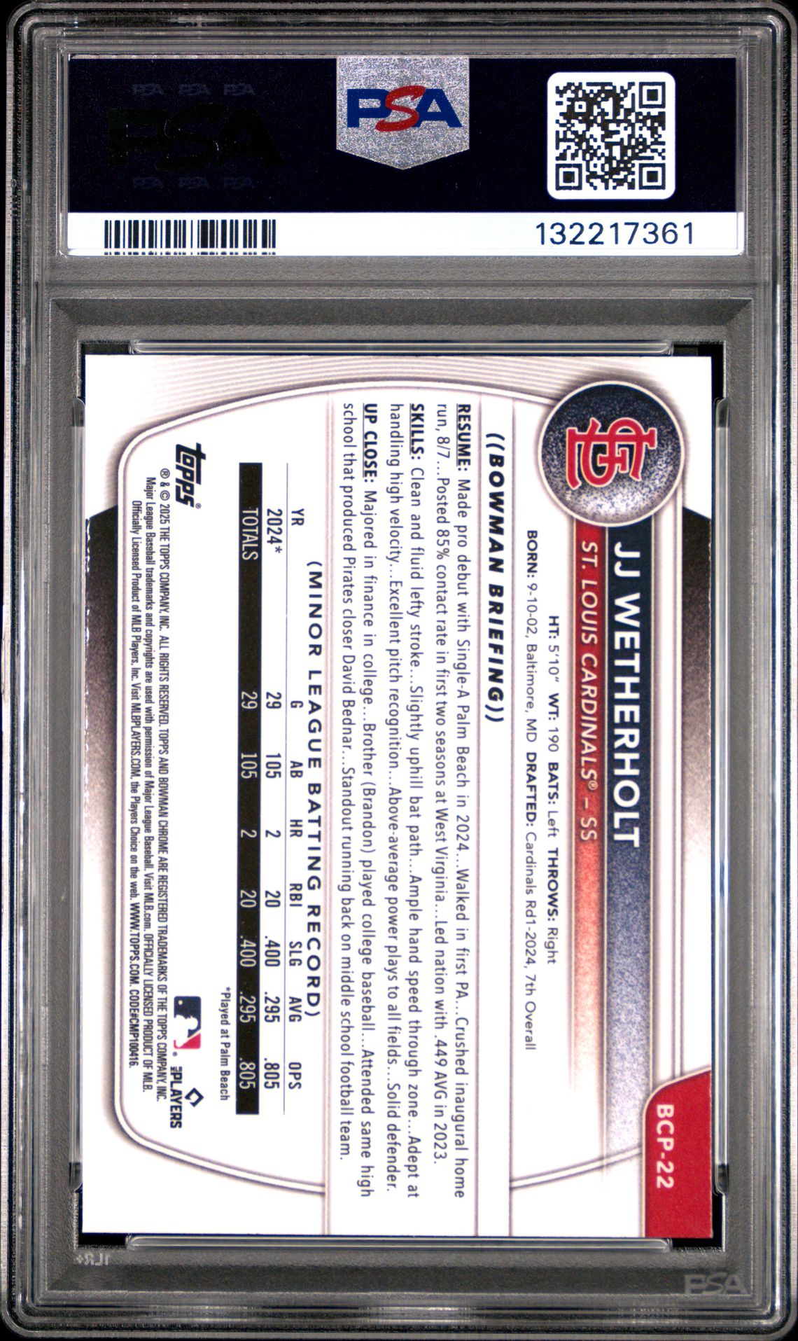 2025 Bowman Chrome Prospects Jj Wetherholt #Bcp22 Gem Mt 10 back