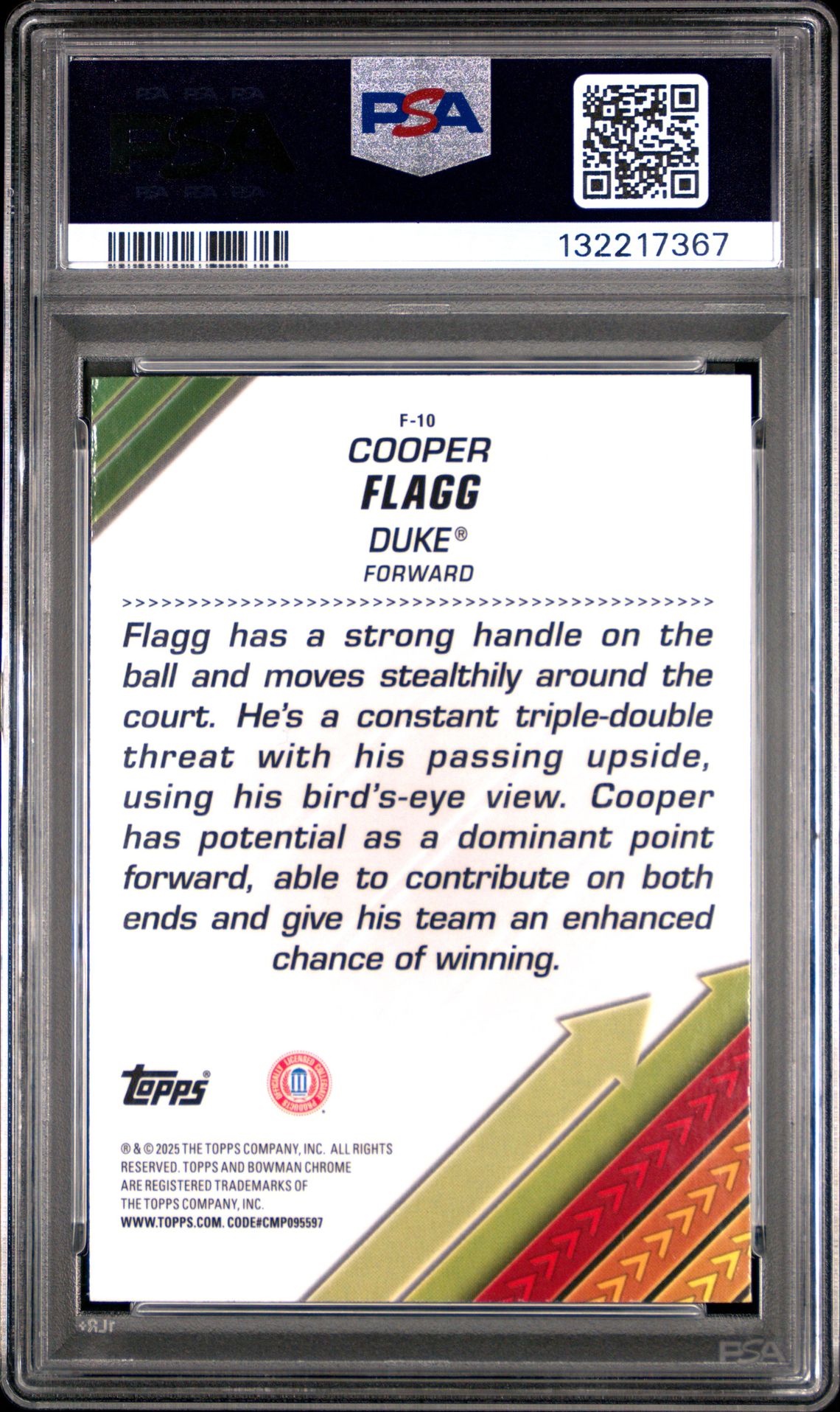 2024 Bowman Chrome University Facilitators Cooper Flagg #F10 (Facilitators-X-Fractor) Gem Mt 10 back