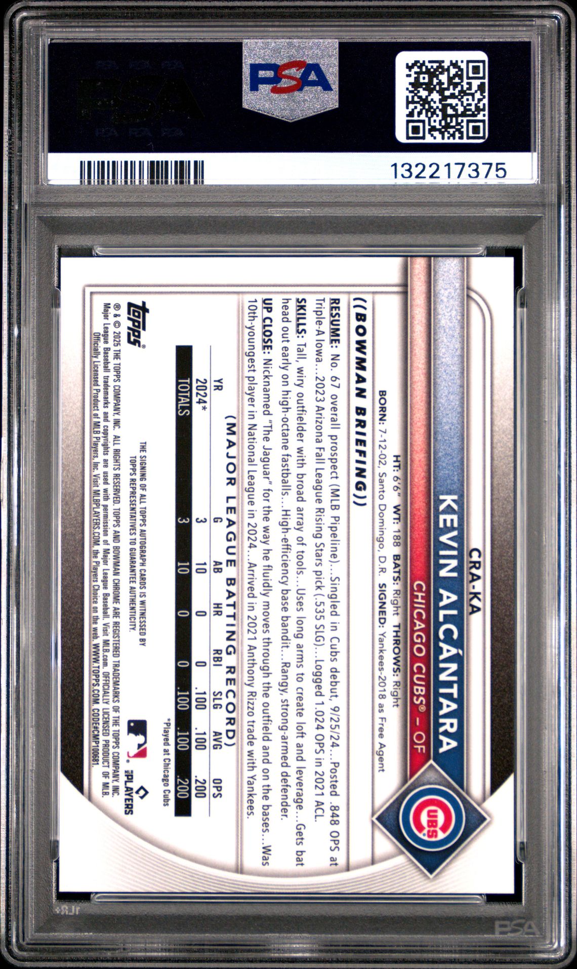 2025 Bowman Chrome Rookie Autographs Kevin Alcantara #Craka (Chr Rookie Au-Mini Diamond) Gem Mt 10 back