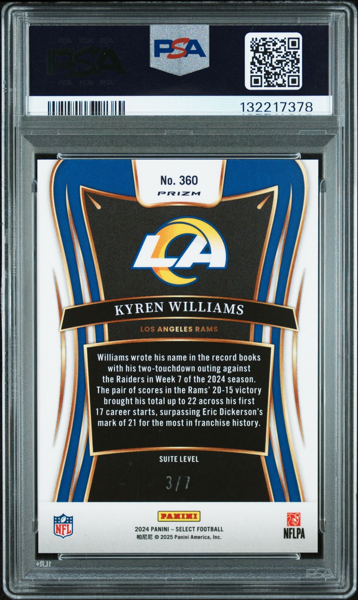 2024 Panini Select Kyren Williams #360 (Neon Orange Pulsar) Gem Mt 10 back