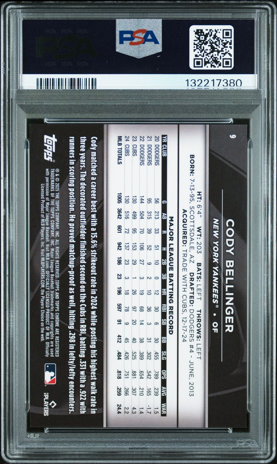 2025 Topps Chrome Black Cody Bellinger #9 (Orange Refractor) Mint 9 back