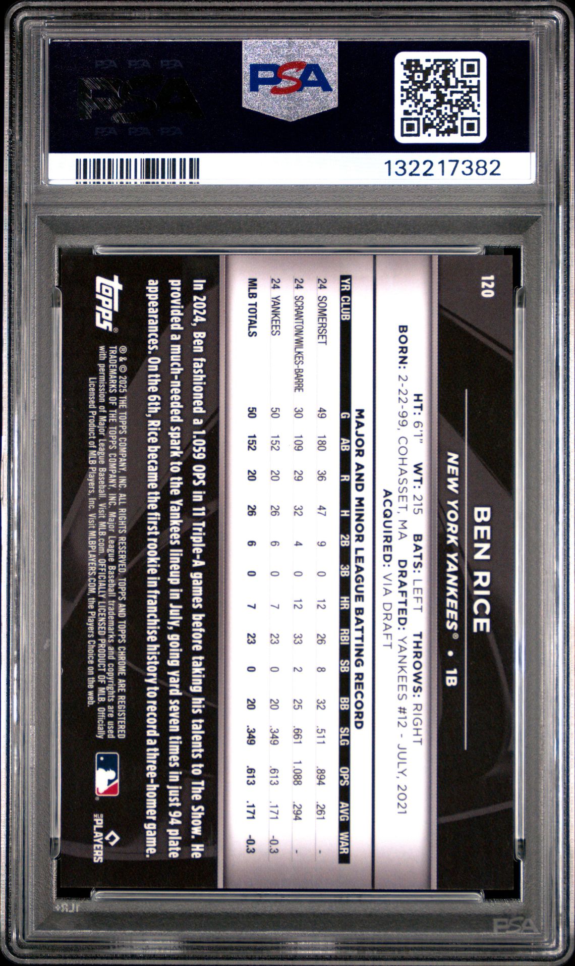 2025 Topps Chrome Black Ben Rice #120 (Purple Refractor) Mint 9 back