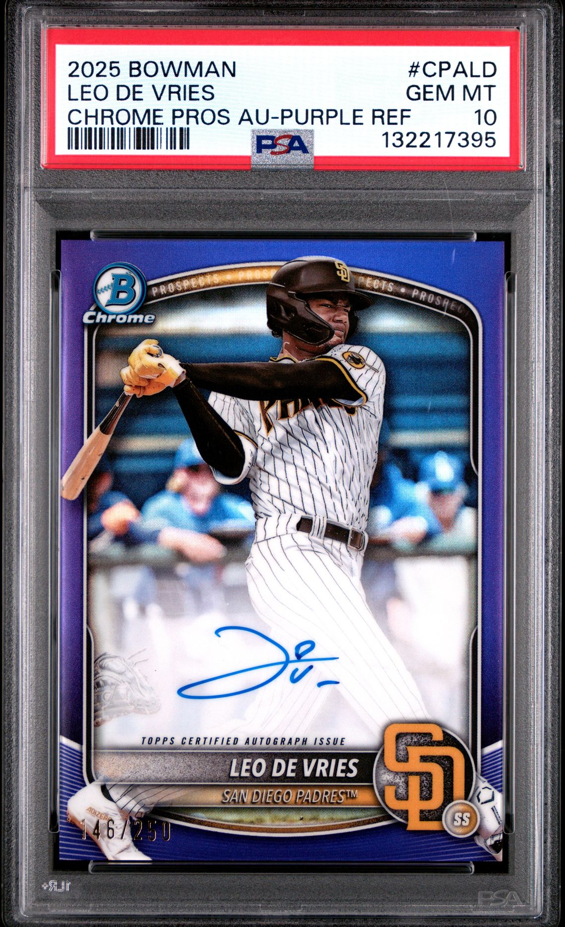 2025 Bowman Chrome Prospect Autographs Leo De Vries #Cpald (Chrome Pros Au-Purple Ref) Gem Mt 10 front