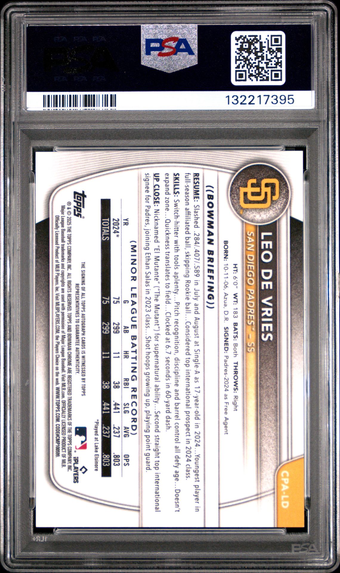 2025 Bowman Chrome Prospect Autographs Leo De Vries #Cpald (Chrome Pros Au-Purple Ref) Gem Mt 10 back