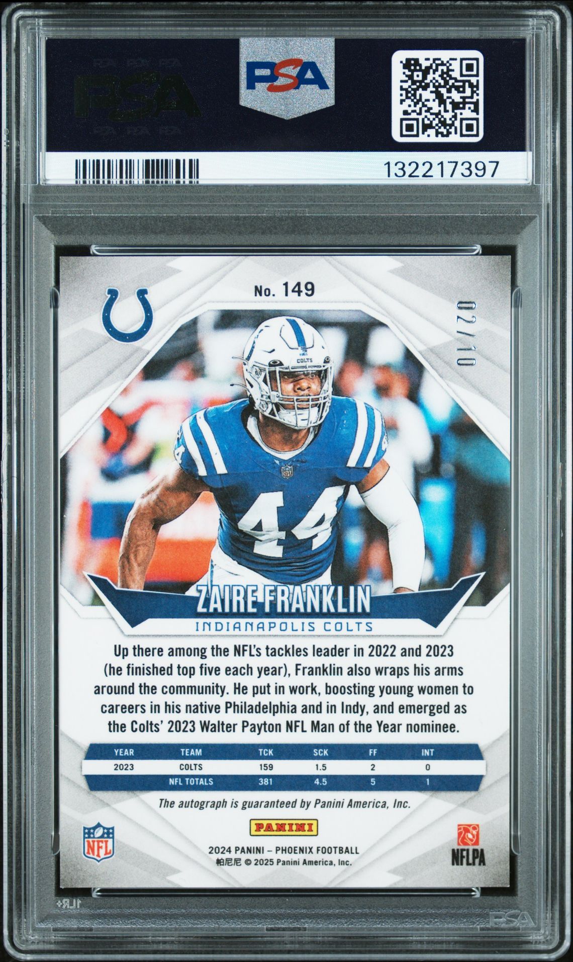 2024 Panini Phoenix Zaire Franklin #149 (Autograph-Gold) Gem Mt 10 back