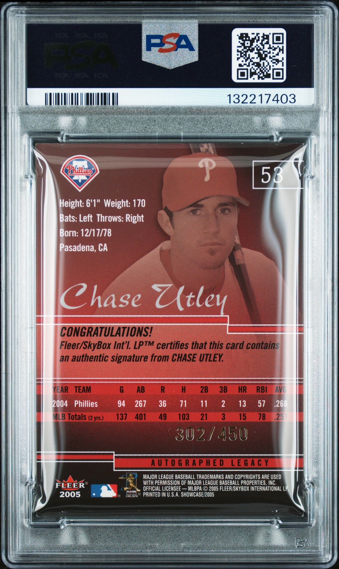 2005 Fleer Showcase Autographed Legacy Chase Utley #53 (Autographed Legacy) Ex-Mt 6 back