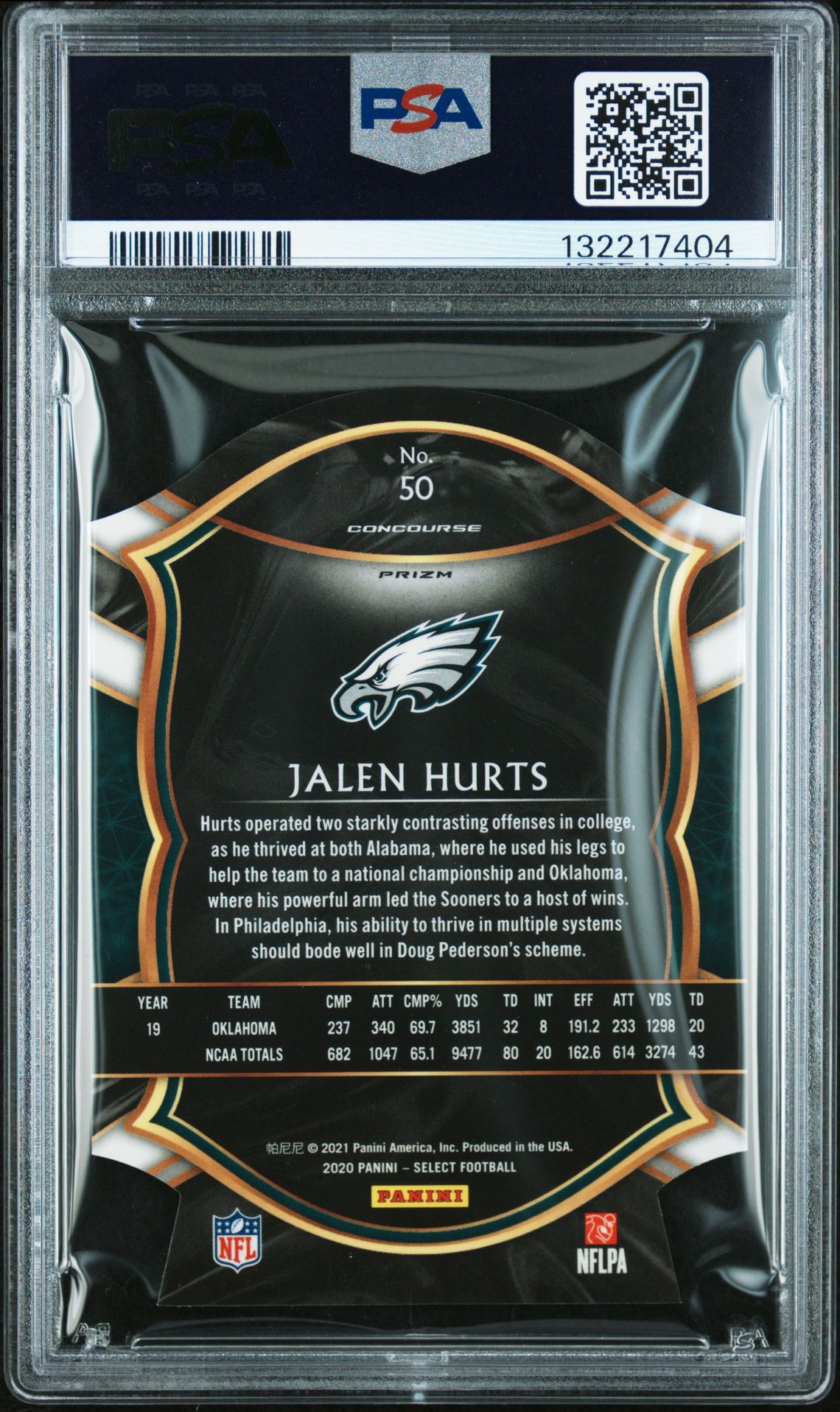 2020 Panini Select Jalen Hurts #50 (Die-Cut Light Blue Prizm) Gem Mt 10 back