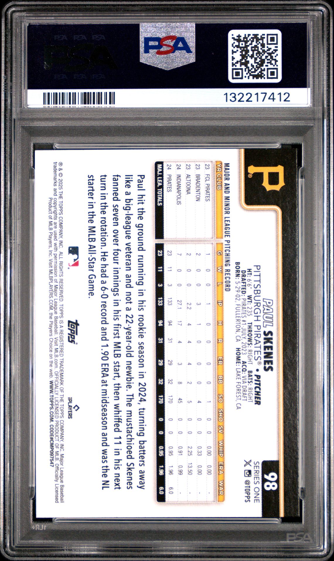 2025 Topps Paul Skenes #98 Gem Mt 10 back