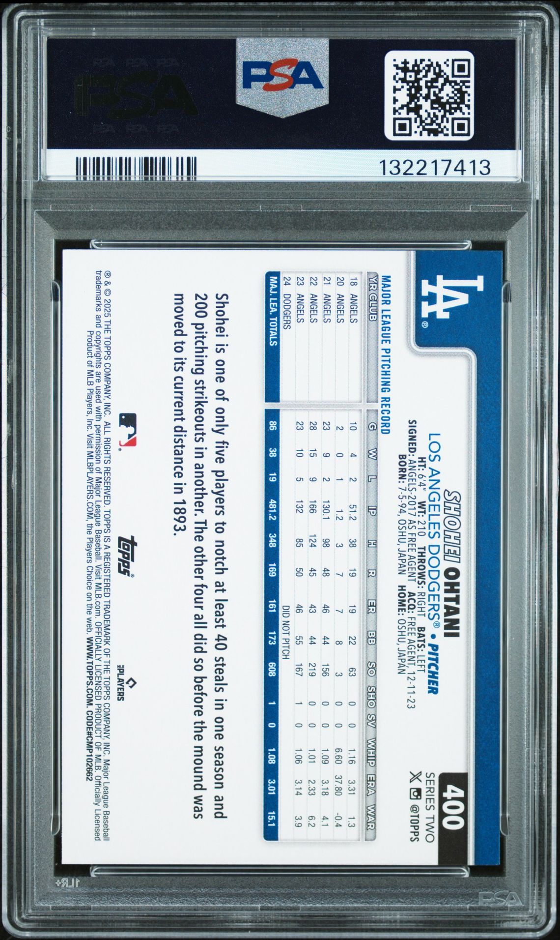 2025 Topps Shohei Ohtani #400 Gem Mt 10 back