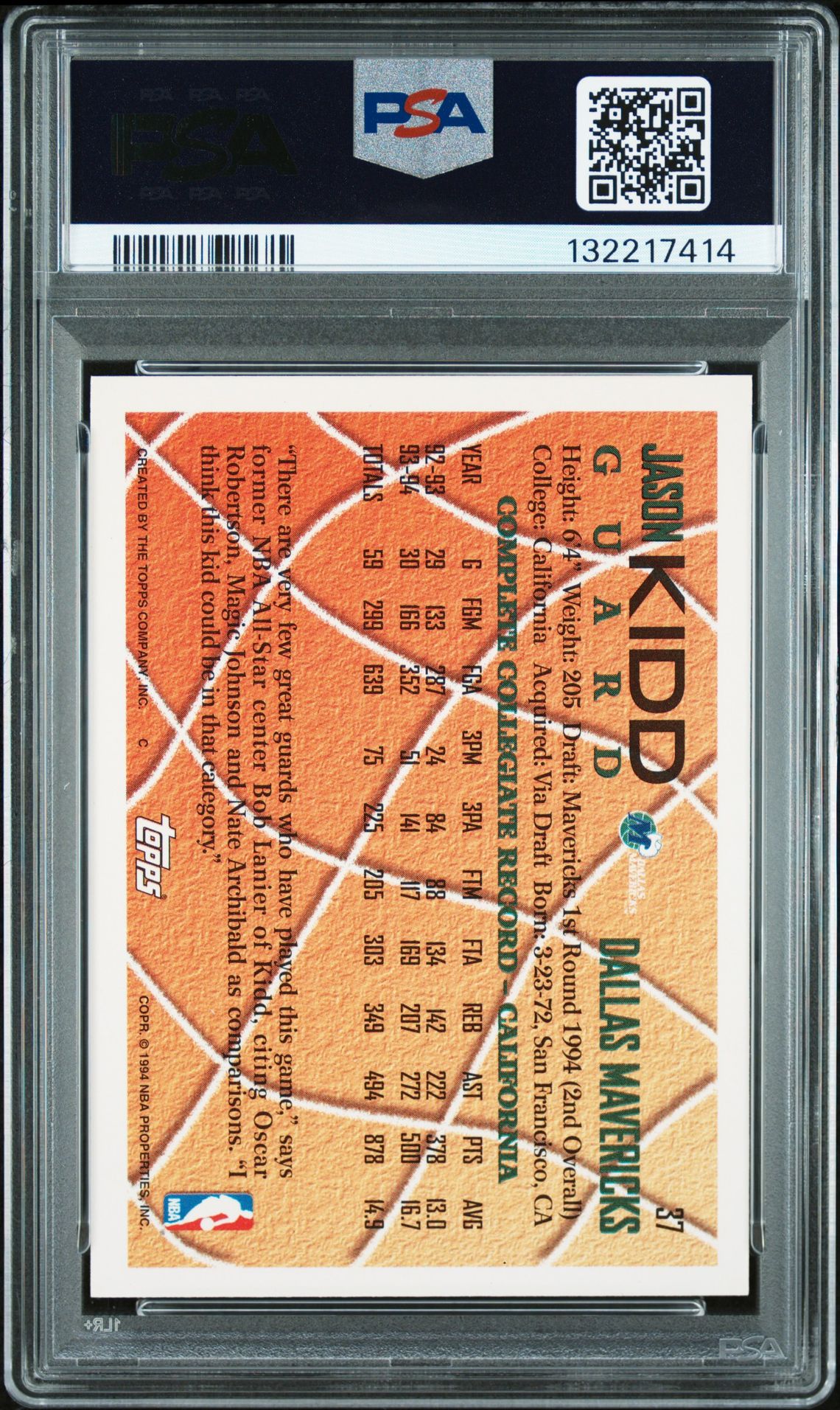 1994 Topps Jason Kidd #37 Nm-Mt 8 back