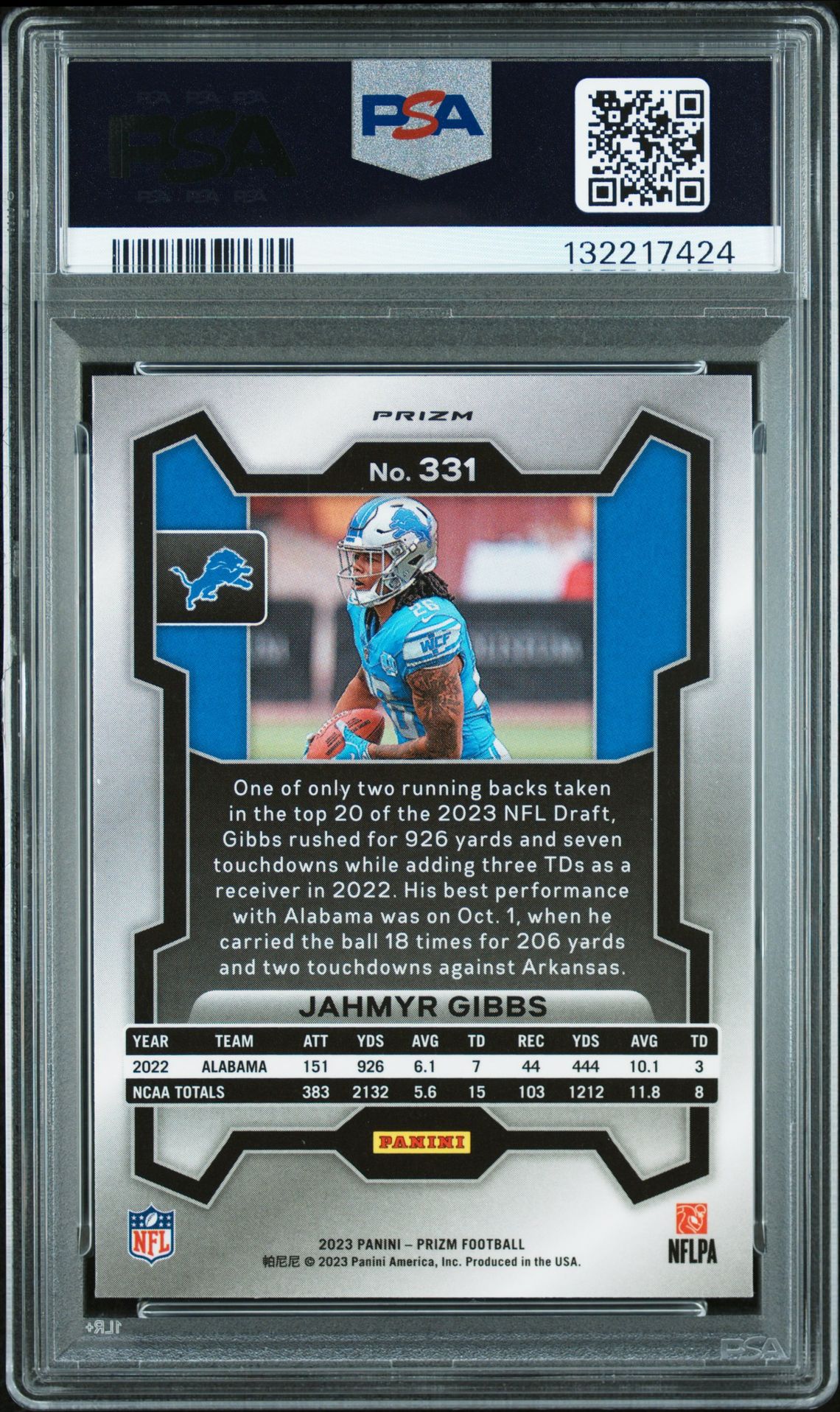 2023 Panini Prizm Jahmyr Gibbs #331 (Silver Prizm) Mint 9 back