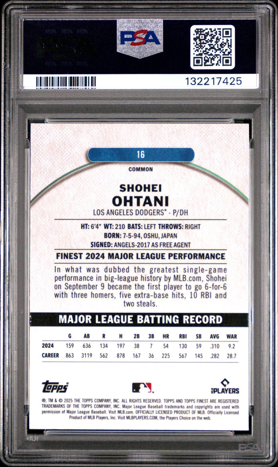 2025 Topps Finest Shohei Ohtani #16 (Purple Refractor) Gem Mt 10 back