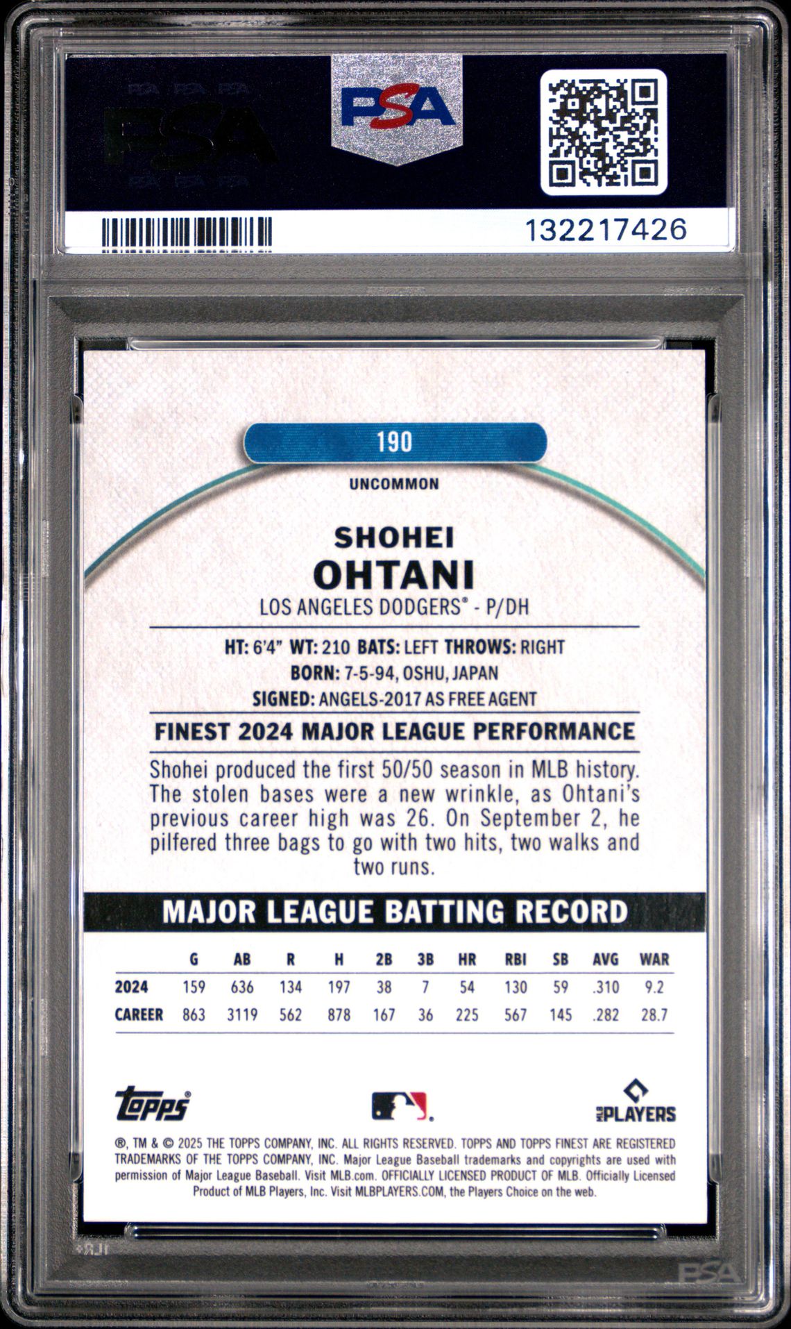 2025 Topps Finest Shohei Ohtani #190 (Purple Refractor) Gem Mt 10 back