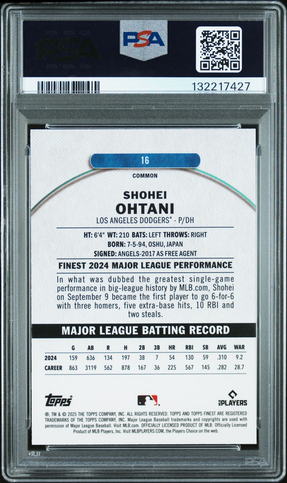 2025 Topps Finest Shohei Ohtani #16 (Purple Refractor) Mint 9 back