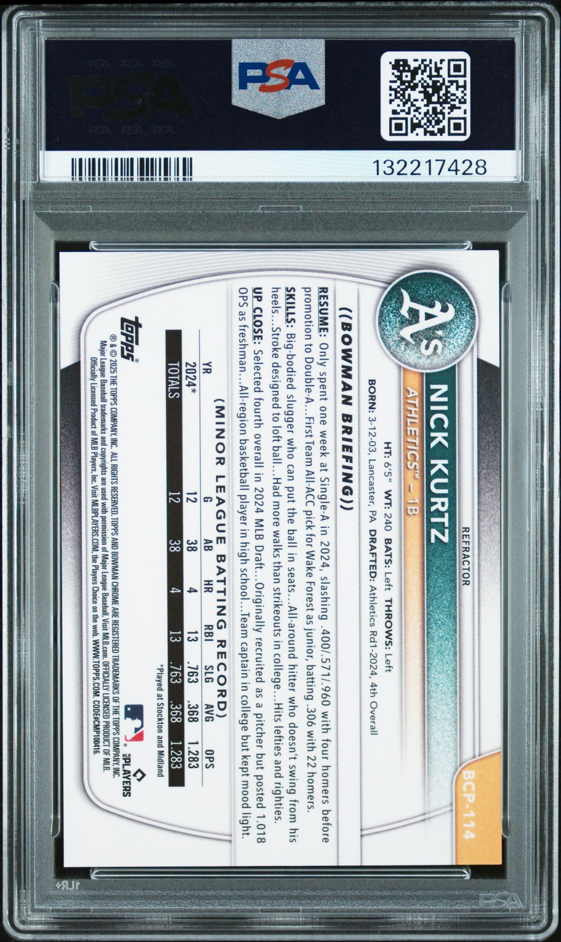 2025 Bowman Chrome Prospects Nick Kurtz #Bcp114 (Chrome Pros-Refractor) Mint 9 back