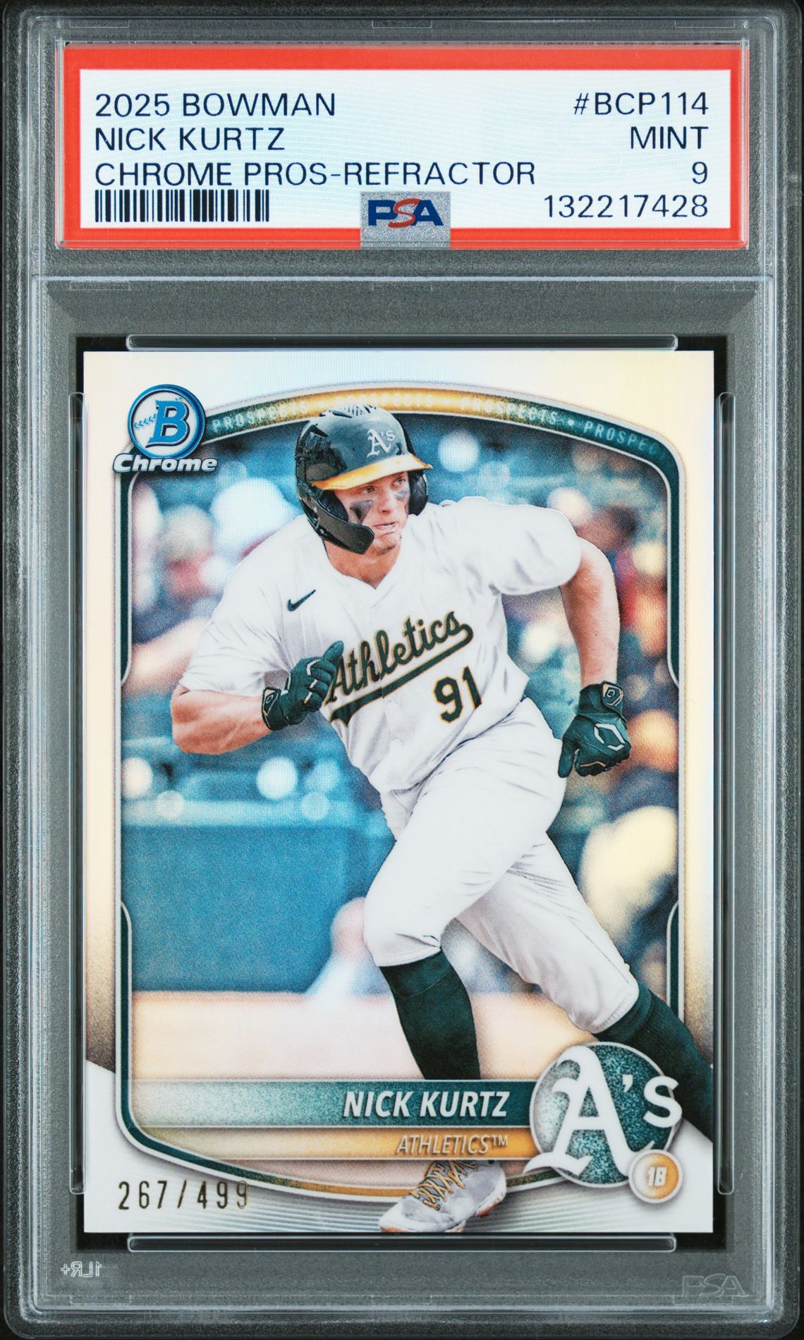 2025 Bowman Chrome Prospects Nick Kurtz #Bcp114 (Chrome Pros-Refractor) Mint 9 front