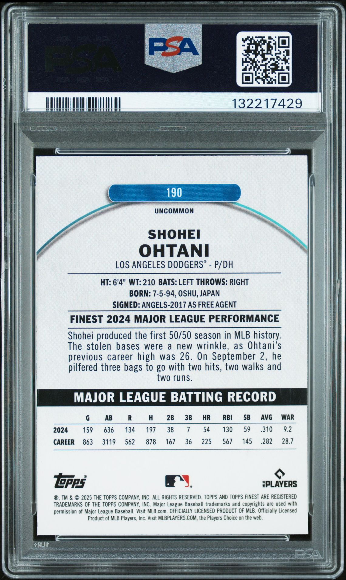 2025 Topps Finest Shohei Ohtani #190 (Sky Blue Refractor) Gem Mt 10 back