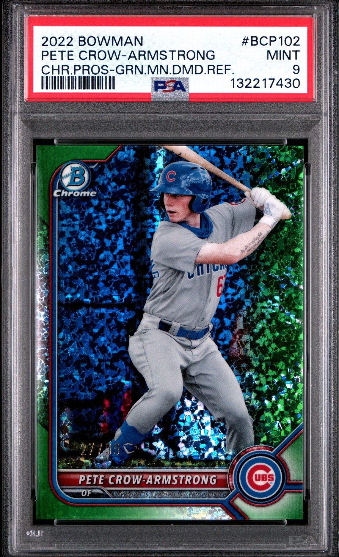 2022 Bowman Chrome Prospects Pete Crow-Armstrong #Bcp102 (Chr.pros-Grn.mn.dmd.ref.) Mint 9 front